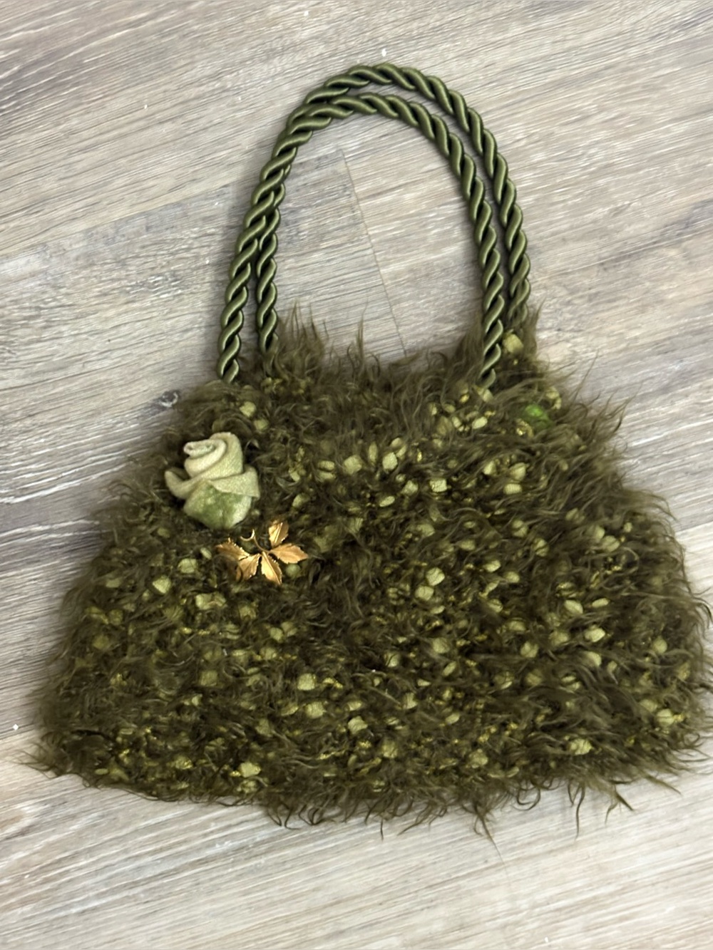 Boho Fuzzy Purse Soft Retro Handcrafted Sage Green Floral Accent Cocktail/Party